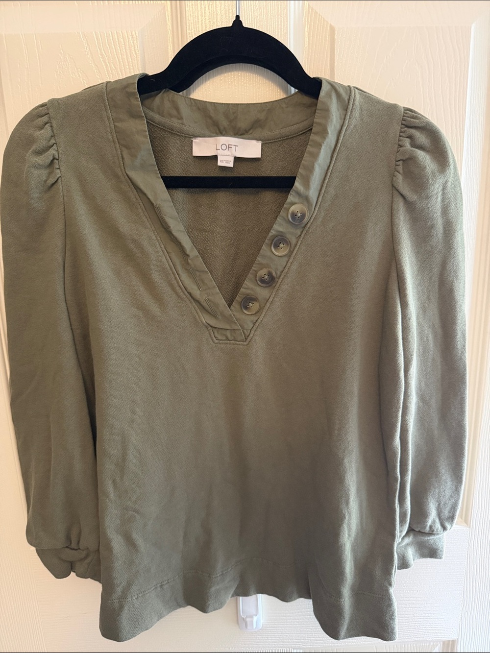 LOFT Olive Button-Trim V-Neck Puff Sleeve Top